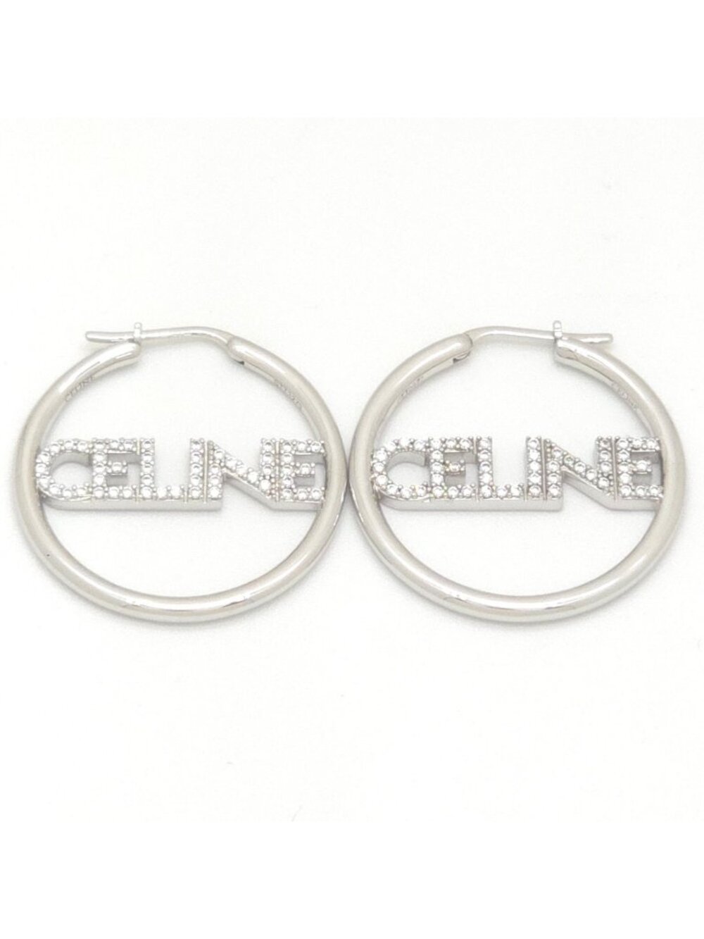 Celine Monochrome Strass Hoop Earrings Logo Crystal Rhodium Finish Brass Silver